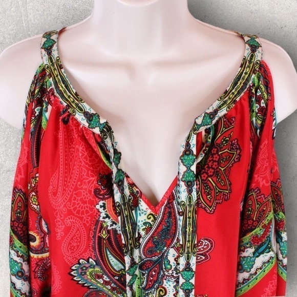 ECI Cold Shoulder Long Sleeve Blouse Multicolor Red, Pink, Green, White Size M - Picture 9 of 16